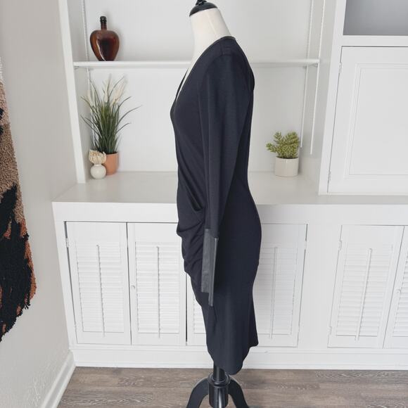 Joseph Black Wool Leather Sleeve Ruched V-Neck Muriel Midi Dress Size 10 - Picture 3 of 10